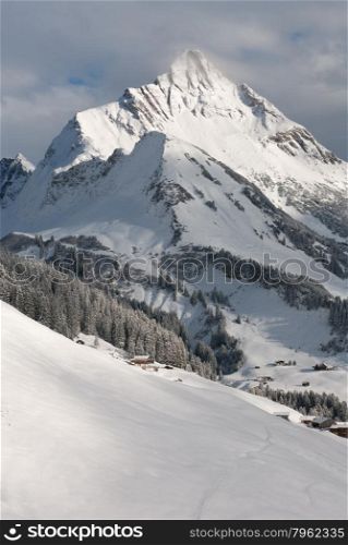 Chalets near the village of Warth-Schrocken, and Mount Biberkopf, Warth am Alberg,Vorarlberg, Austria