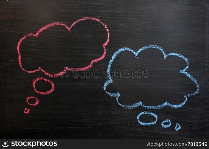 Chalk drawing of blank think bubbles on a blackboard background