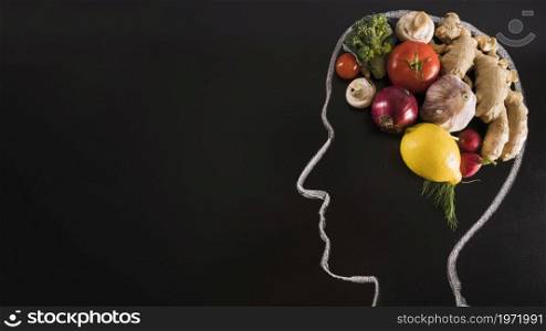 chalk drawn human head with healthy food brain blackboard. High resolution photo. chalk drawn human head with healthy food brain blackboard. High quality photo