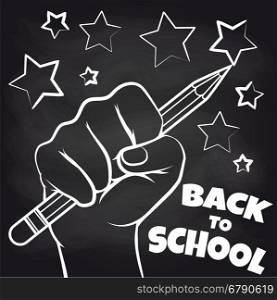 Chalkboard back to scool sketch. Chalkboard back to scool sketch with hand and pencil. Vector illustration