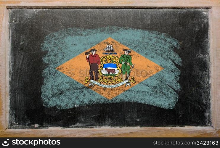 Chalky american state of delaware flag painted with color chalk on old blackboard