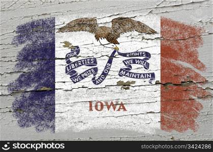Chalky american state of iowa flag precisely painted with color chalk on grunge wooden texture