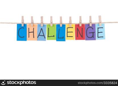 Challenge, paper words card hang by wooden peg
