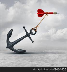 Challenges in business as a dart being slowed down by a heavy anchor as an adversity metaphor and symbol or overcoming a handicap to achieve your goal to reach the target.