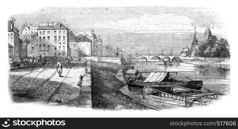 Chalons sur Saone, department of Saone et Loire, view from the dock, vintage engraved illustration. Magasin Pittoresque 1845.
