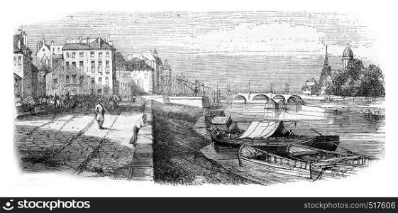 Chalons sur Saone, department of Saone et Loire, view from the dock, vintage engraved illustration. Magasin Pittoresque 1845.
