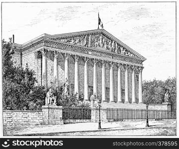 Chamber of Deputies, Peristyle of the Palais Bourbon in front of the dock, vintage engraved illustration. Paris - Auguste VITU ? 1890.