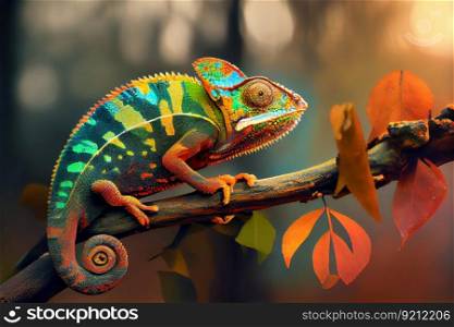 chameleon, basking in the sun on tree branch, changing colors, created with generative ai. chameleon, basking in the sun on tree branch, changing colors