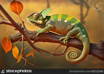 chameleon basking in the sun on tree branch, created with generative ai. chameleon basking in the sun on tree branch