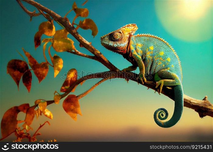 chameleon basking in the sun on tree branch, with view of blue sky, created with generative ai. chameleon basking in the sun on tree branch, with view of blue sky