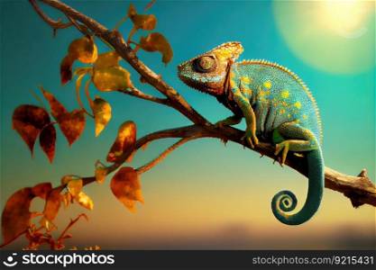 chameleon basking in the sun on tree branch, with view of blue sky, created with generative ai. chameleon basking in the sun on tree branch, with view of blue sky