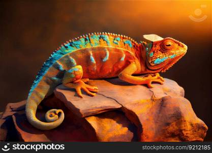 chameleon basking in the sun on warm rock, created with generative ai. chameleon basking in the sun on warm rock
