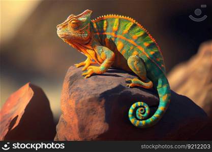 chameleon basking in the sun on warm rock, created with generative ai. chameleon basking in the sun on warm rock