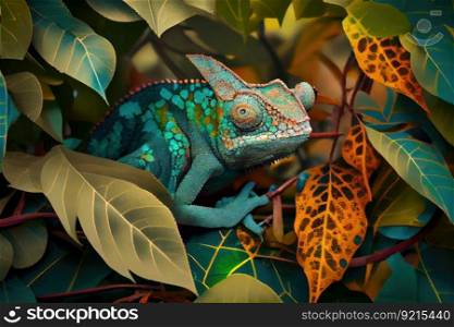 chameleon blending in with its environment, camouflaged among the leaves and trees, created with generative ai. chameleon blending in with its environment, camouflaged among the leaves and trees