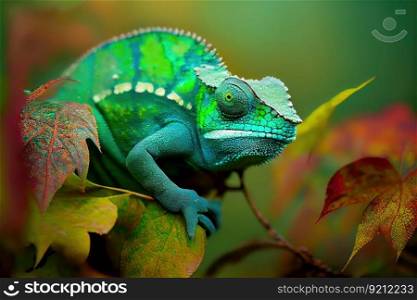 chameleon blending into its surroundings, hiding from danger, created with generative ai. chameleon blending into its surroundings, hiding from danger