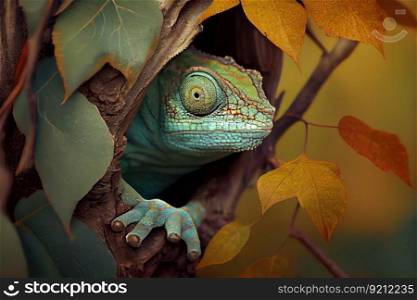 chameleon blending into its surroundings, hiding from danger, created with generative ai. chameleon blending into its surroundings, hiding from danger