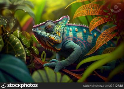 chameleon blending into its surroundings in the jungle, created with generative ai. chameleon blending into its surroundings in the jungle