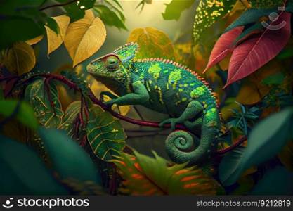 chameleon blending into its surroundings in the jungle, created with generative ai. chameleon blending into its surroundings in the jungle