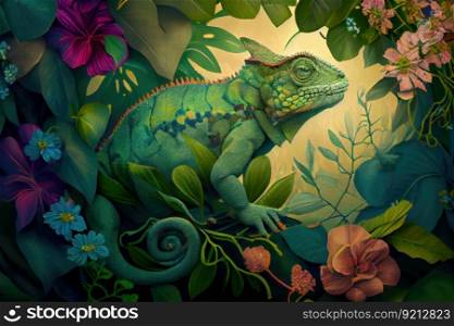 chameleon blending into the background among green leaves and flowers, created with generative ai. chameleon blending into the background among green leaves and flowers