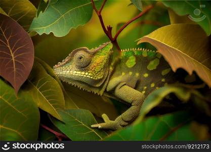 chameleon camouflaged amongst lush green leaf, created with generative ai. chameleon camouflaged amongst lush green leaf