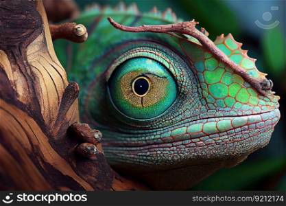 chameleon camouflaged on tree branch, its eyes watching its surroundings, created with generative ai. chameleon camouflaged on tree branch, its eyes watching its surroundings