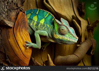 chameleon camouflaging itself against tree trunk, created with generative ai. chameleon camouflaging itself against tree trunk