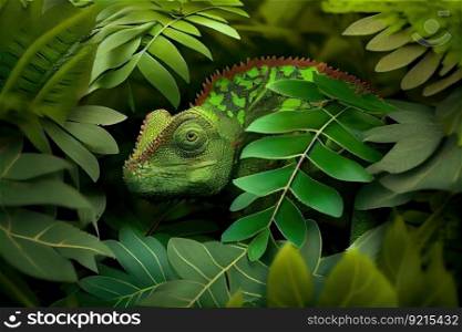 chameleon camouflaging itself among lush green foliage, created with generative ai. chameleon camouflaging itself among lush green foliage
