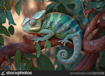 chameleon camouflaging itself on a tree branch, hiding from potential predators, created with generative ai. chameleon camouflaging itself on a tree branch, hiding from potential predators