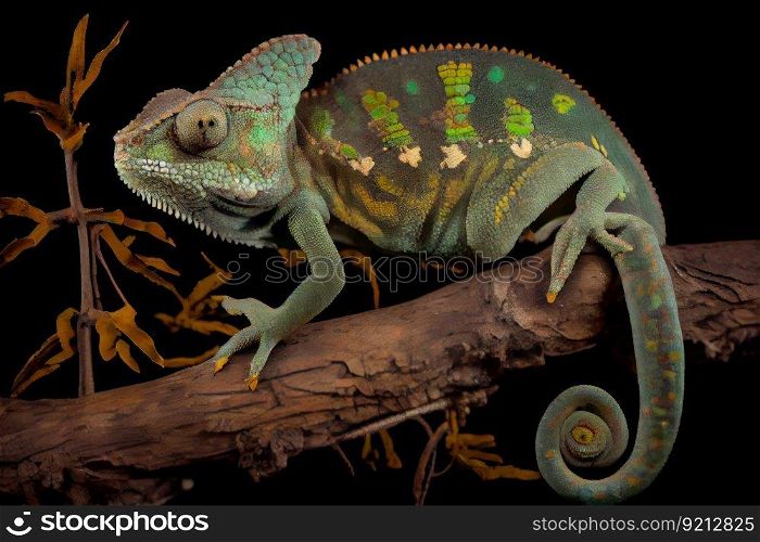 chameleon camouflaging itself on tree branch, created with generative ai. chameleon camouflaging itself on tree branch