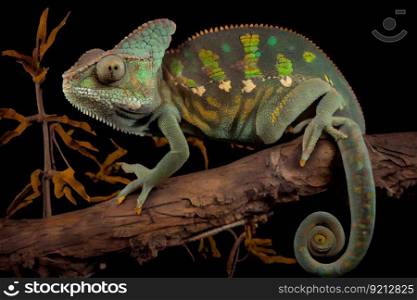 chameleon camouflaging itself on tree branch, created with generative ai. chameleon camouflaging itself on tree branch