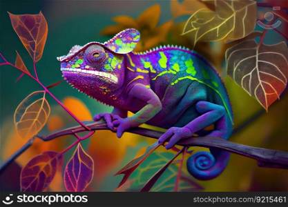 chameleon changing color to blend in with its surroundings, created with generative ai. chameleon changing color to blend in with its surroundings