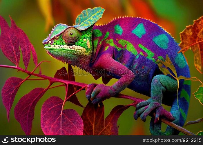 chameleon changing colors to blend in with its surroundings, created with generative ai. chameleon changing colors to blend in with its surroundings