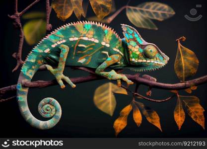 chameleon hanging from tree branch, showcasing its camouflage capabilities, created with generative ai. chameleon hanging from tree branch, showcasing its camouflage capabilities
