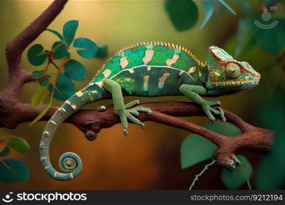 chameleon hanging from tree branch, showcasing its camouflage capabilities, created with generative ai. chameleon hanging from tree branch, showcasing its camouflage capabilities