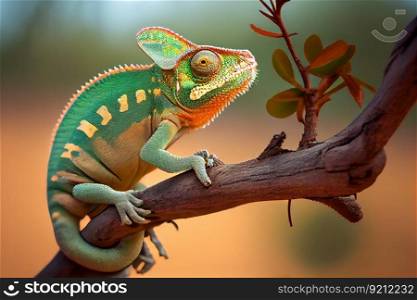 chameleon hanging from tree branch, surveying its surroundings, created with generative ai. chameleon hanging from tree branch, surveying its surroundings