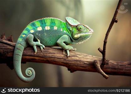 chameleon hanging off of tree branch, surveying its surroundings, created with generative ai. chameleon hanging off of tree branch, surveying its surroundings