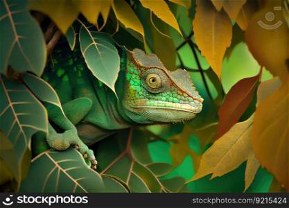 chameleon hiding among the branches of a tree, blending in with its surroundings, created with generative ai. chameleon hiding among the branches of a tree, blending in with its surroundings