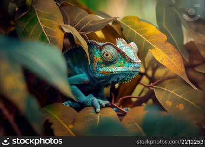 chameleon hiding among the leaves and branches in the forest, created with generative ai. chameleon hiding among the leaves and branches in the forest