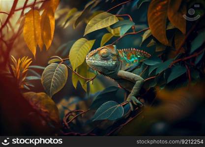 chameleon hiding among the leaves and branches in the forest, created with generative ai. chameleon hiding among the leaves and branches in the forest