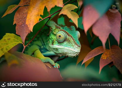 chameleon hiding among the leaves of a tree, created with generative ai. chameleon hiding among the leaves of a tree