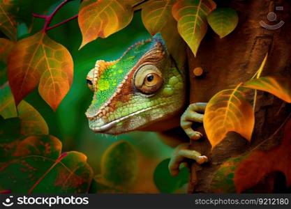 chameleon hiding among the leaves of a tree, created with generative ai. chameleon hiding among the leaves of a tree