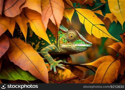 chameleon hiding among the leaves of a tree, keeping perfectly still, created with generative ai. chameleon hiding among the leaves of a tree, keeping perfectly still