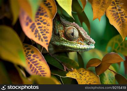 chameleon hiding among the leaves of a tree, keeping perfectly still, created with generative ai. chameleon hiding among the leaves of a tree, keeping perfectly still