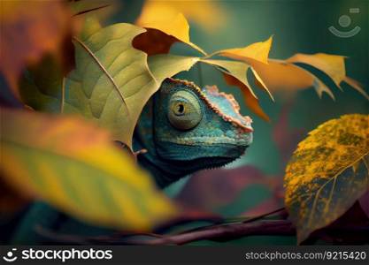 chameleon hiding behind leaf, waiting to ambush its prey, created with generative ai. chameleon hiding behind leaf, waiting to ambush its prey