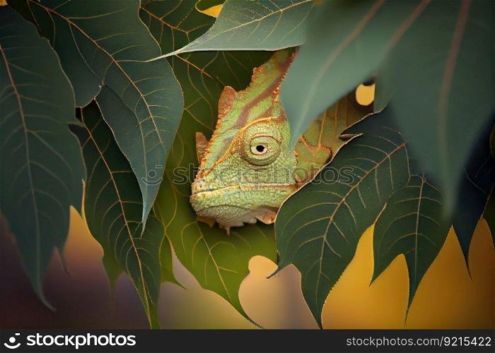 chameleon hiding behind leaf, waiting to ambush its prey, created with generative ai. chameleon hiding behind leaf, waiting to ambush its prey