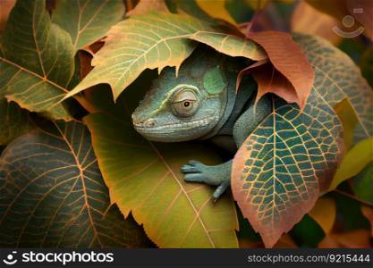 chameleon hiding in leaf, blending in with its natural habitat, created with generative ai. chameleon hiding in leaf, blending in with its natural habitat