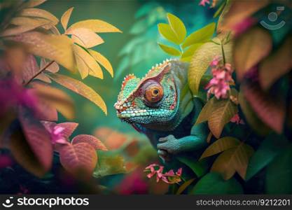 chameleon hiding in plain sight among the leaves and flowers of its habitat, created with generative ai. chameleon hiding in plain sight among the leaves and flowers of its habitat