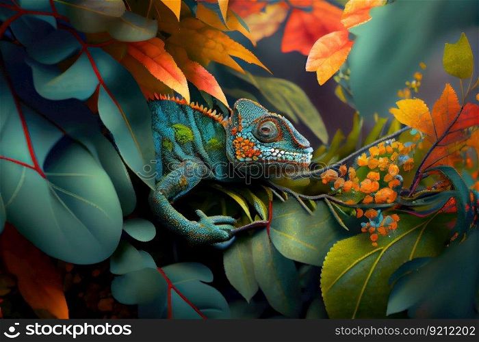 chameleon hiding in plain sight among the leaves and flowers of its habitat, created with generative ai. chameleon hiding in plain sight among the leaves and flowers of its habitat
