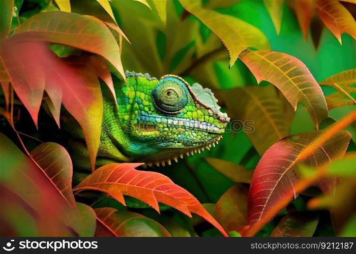 chameleon hiding in the foliage, blending in with its surroundings, created with generative ai. chameleon hiding in the foliage, blending in with its surroundings