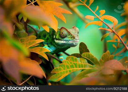 chameleon hiding in the foliage, blending in with its surroundings, created with generative ai. chameleon hiding in the foliage, blending in with its surroundings